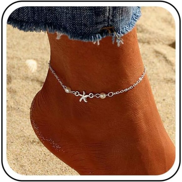 Adjustable Silver Starfish Anklet with Pearl Beads - Beach Wedding Accessory - Picture 1 of 7